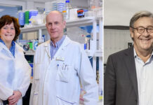 Innovationspris till lekanemabtrio Gunilla Osswald och Lars Lannfelt. Till höger Pär Gellerfors.