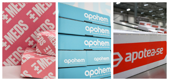 Bilder på paket från de stora onlinepoteken Apotea, Meds och Apohem.